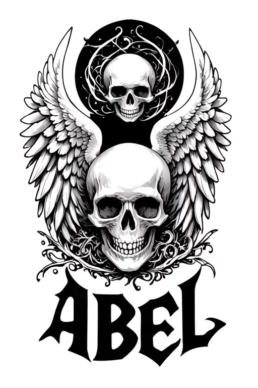 "ABEL" abel angel wings skull surrounded tattoo design idea
