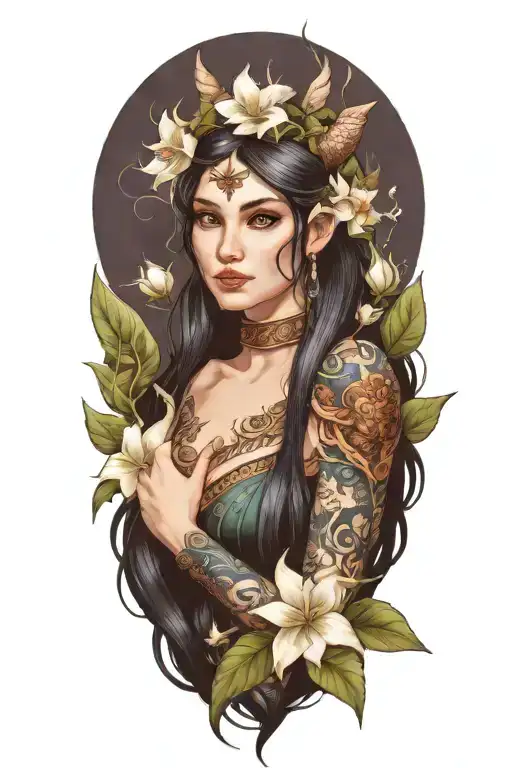 beautiful elf woman with dark hair, winged smiling dragon and white lily flowers tattoo design idea