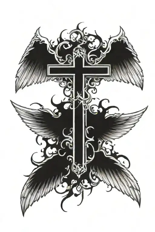 cross with big angle wings spread tattoo design idea