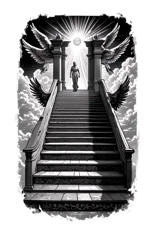 stairway to heaven walking up stairs angels sun rays clouds heaven gate at the top of the stairs with a wwe  tattoo design idea