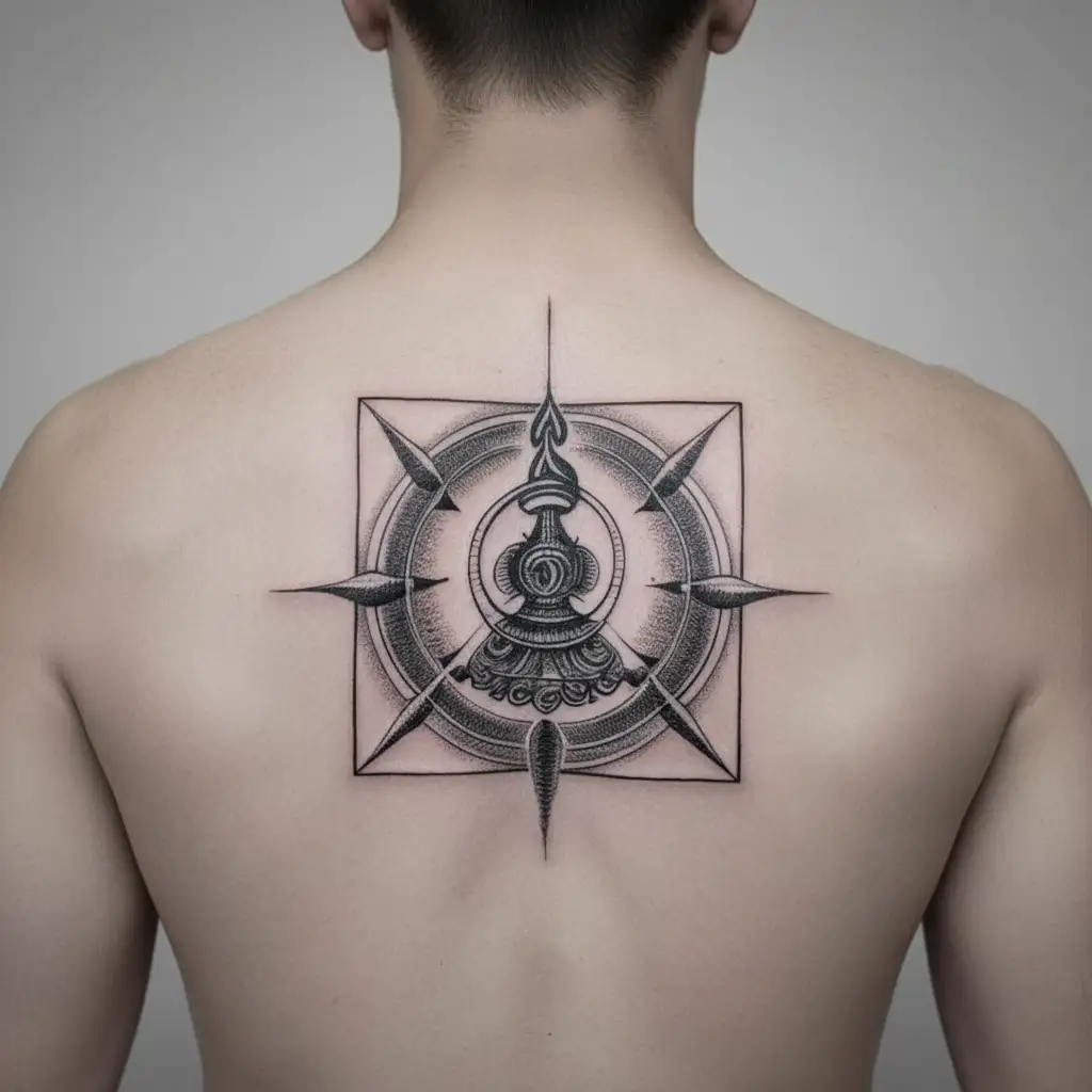 shiva shakti, trident and khanda balance energy, with 7 chakras and third eye  tattoo design idea