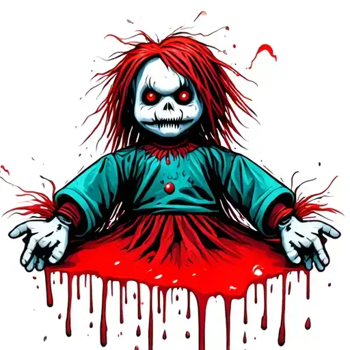 scary voodoo doll with blood dripping setting up like chucky tattoo design idea