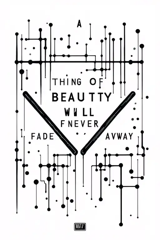 cybernetic nodes and circuits above and below the text "A THING OF BEAUTY WILL NEVER FADE AWAY" in cyberpunk 2077 font tattoo design idea