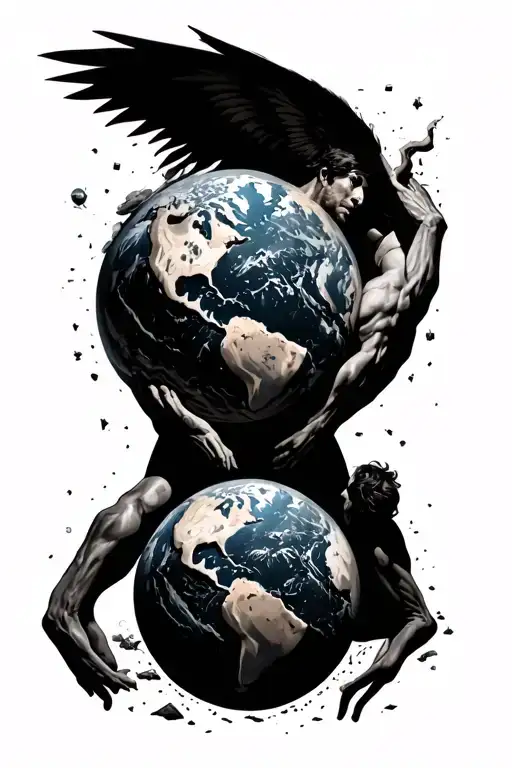 Atlas holding the world, but removes one arm to hold the ground beneath him as the world falls apart tattoo design idea
