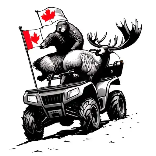 beaver riding canadian goose riding a moose riding a quad with a canadian flag tattoo design idea