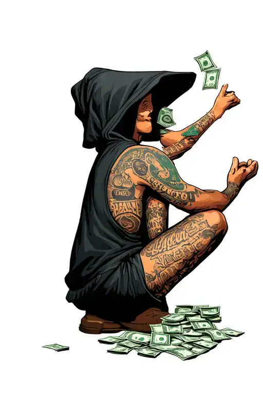 person with hood on sitting counting money wit words saying in too deep tattoo design idea
