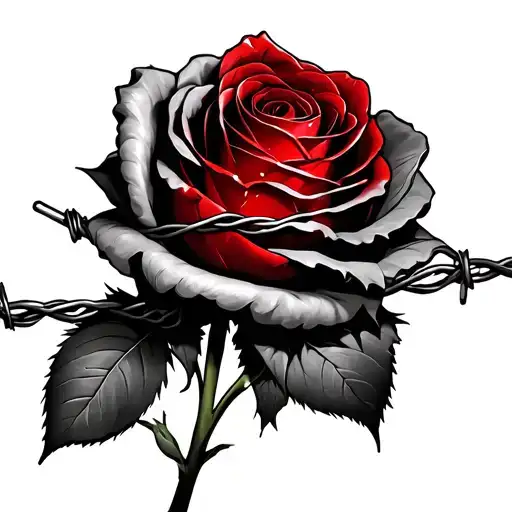bloody rose wrapped in barb wire tattoo design idea