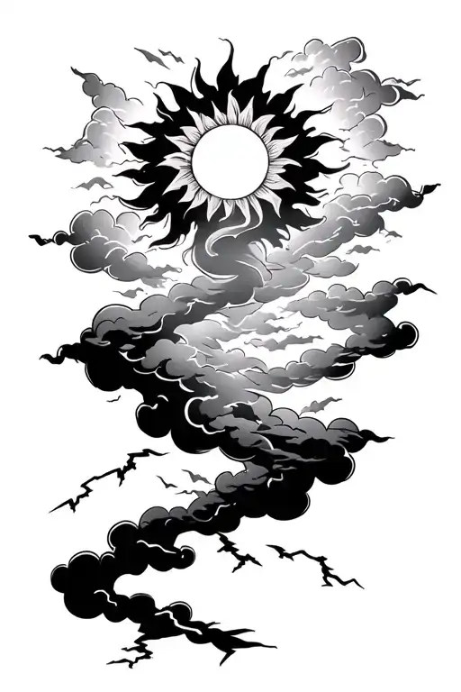a sun shining through storm clouds with lightning bolts tattoo design idea