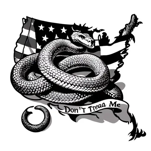 A black and grey tattoo of a snake wrapped around the American flag, with the words 'Don't Tread on Me' incorporated into the design, representing a strong sense of patriotism and protection tattoo design idea