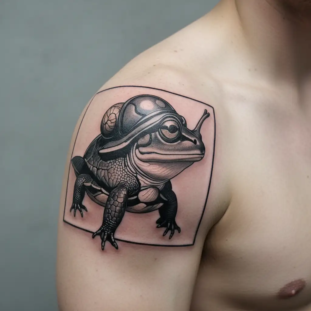 frog with snail helmet sitting on a turtle tattoo design idea