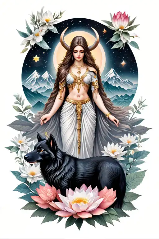 Aries Goddess Surrounded By Poeny And Lotus Flowers With A Black Wolf and hawk And Mountains Range and mars stars insky  tattoo design idea