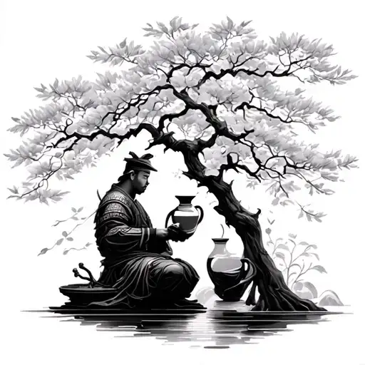 Tattoo from brush to elbow, a tree with the falling leaves of Sakura and sitting samurai drinking sakke from a jug of a pear in memory of p tattoo design idea