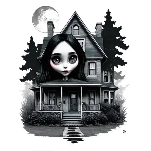 coraline portrait and house surrounded tattoo design idea