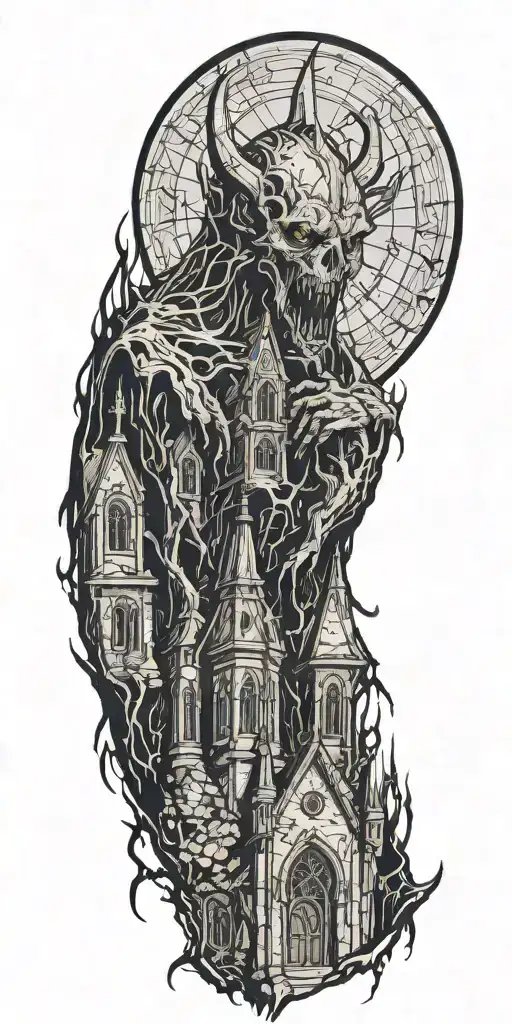 demon crying in front of a church  tattoo design idea