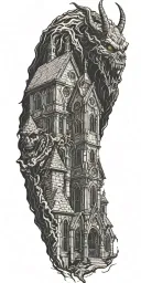 demon crying in front of a church  tattoo design idea