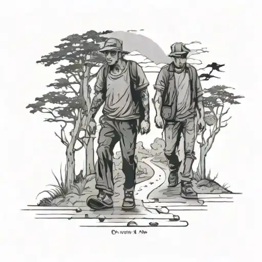 a 22years man walking tired along his young passed away's 16years friend is walking happy as a dead soul tattoo design idea