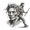 a 22years man walking tired along his young passed away's 16years friend is walking happy as a dead soul tattoo design idea