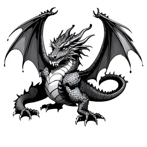 The dragon is strict and brutal, he crawls to the side, his wings are folded, he is in love tattoo design idea