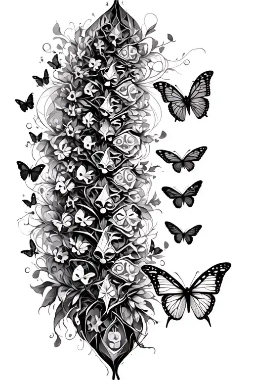 Geographic black and white tattoo to go on spine. Family tree, butterflies. Gothic style tattoo design idea