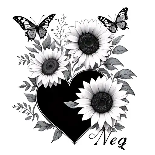 Infinity sign with a heart &  with sunflowers and butterflies and name Neq tattoo design idea