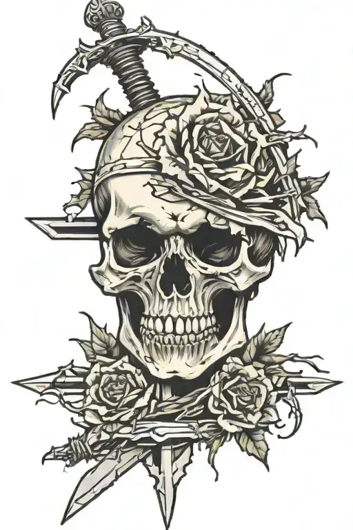 a broken skull with a sword wrapped around with thorns  tattoo design idea
