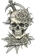 a broken skull with a sword wrapped around with thorns  tattoo design idea