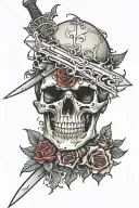 a broken skull with a sword wrapped around with thorns  tattoo design idea