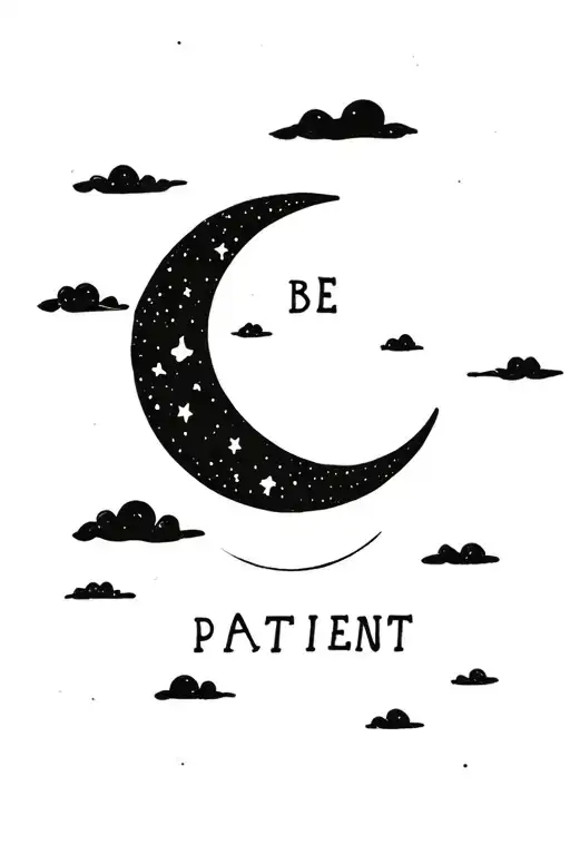Moon and clouds with the words be patient tattoo design idea