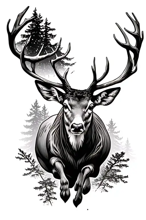 deer jumping acros two forest edges beeing hunted by a hunter tattoo design idea