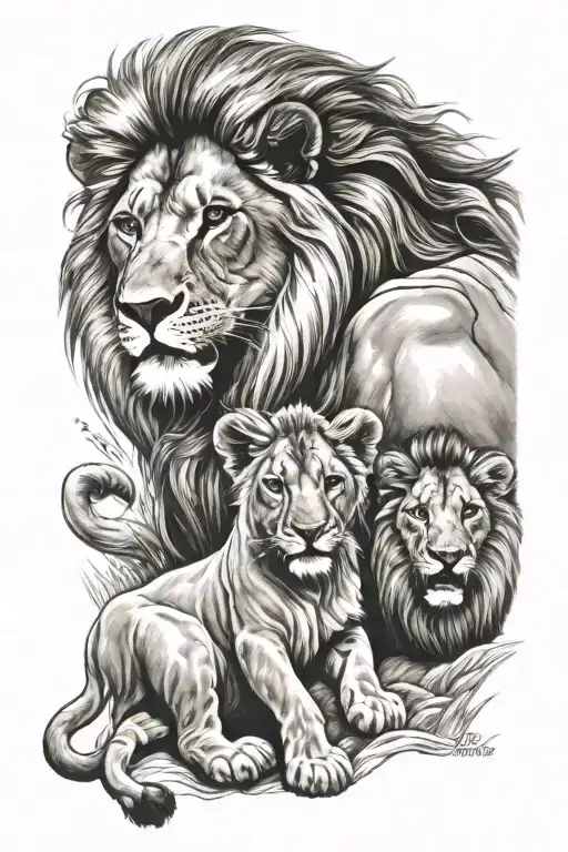 Coverup lion roaring with 2 baby cubs playing tattoo design idea