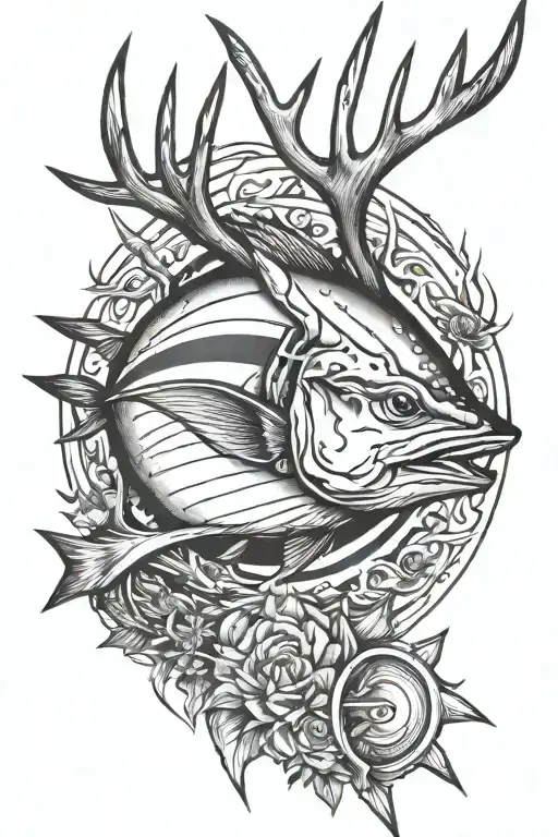 tuna fish, deer antlers, hook, arrow tattoo design idea