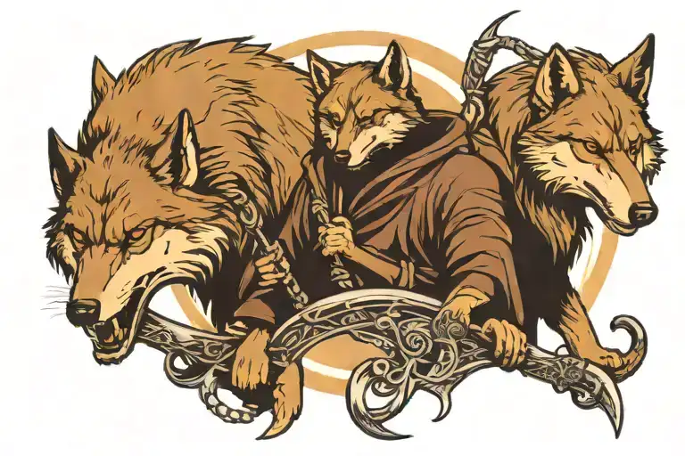 2 wolves and reaper holding a scythe tattoo design idea