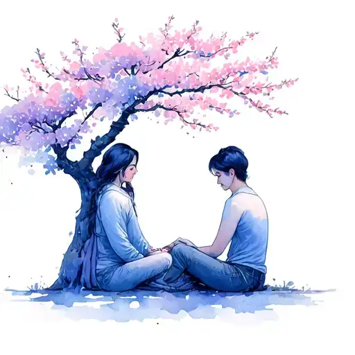 Fine line tattoo design of two people sitting under a cherry blossom tree. blue lavender grey pink tattoo design idea