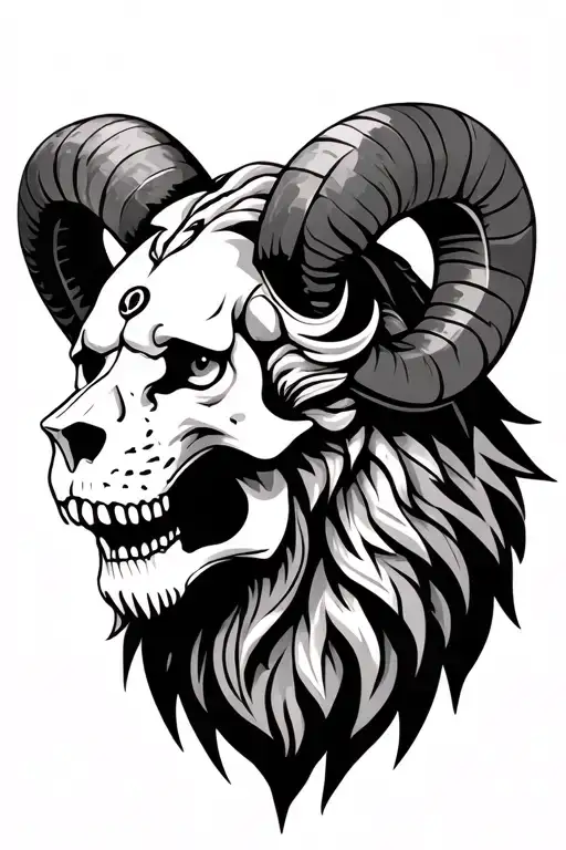 skull wearing lions head with ram horns with third eye, side facing tattoo design idea