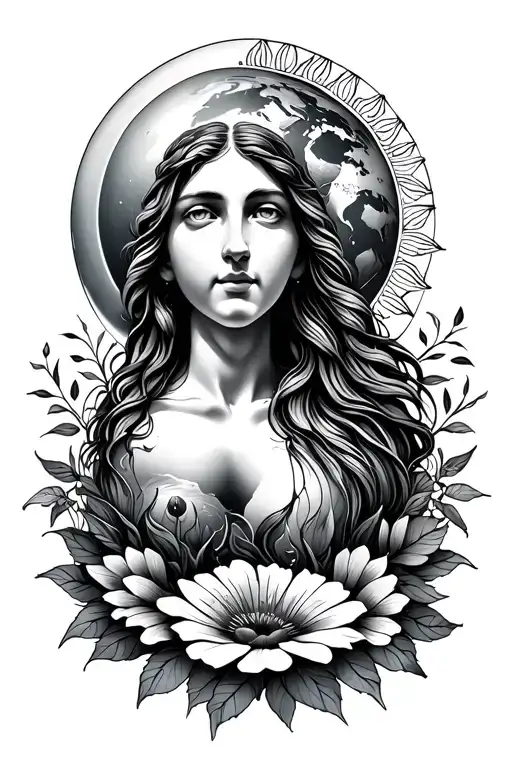 Mother Earth with sun and flowers tattoo design idea