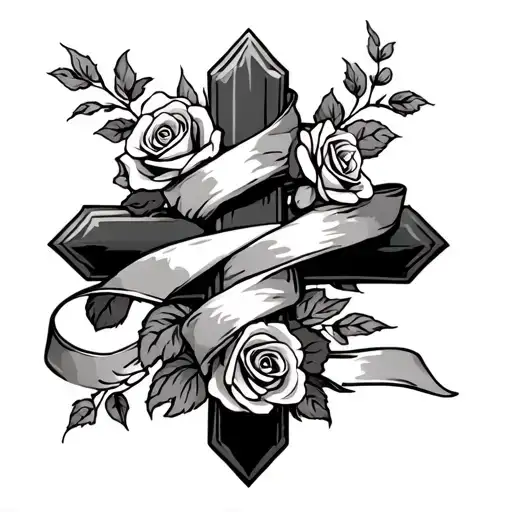 cross with roses intertwined and ribbon wrapped tattoo design idea