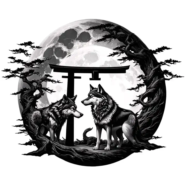 The fierce, alert wolf (one grounded, one spirit form)Full moon and twisted tree as the centerpieceClean torii gate  tattoo design idea