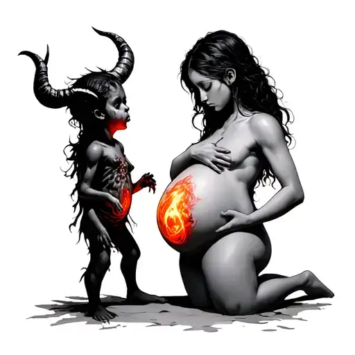 "A demonic child with horns stands face to face with a pregnant woman. Her glowing belly shows the same demon fetus insi tattoo design idea