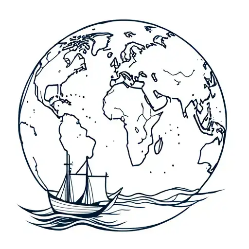 World ball with outline of the continents with a paper folding boat on the ocean tattoo design idea