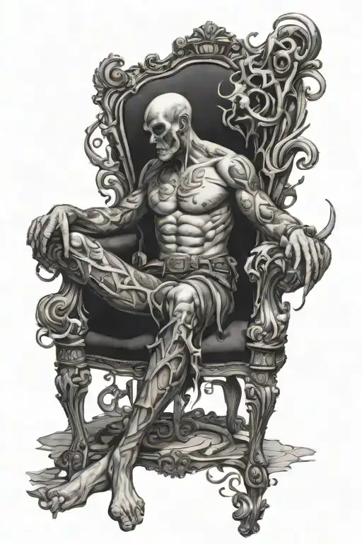 Ade on the chair and Persegone behind darkness and death tattoo design idea