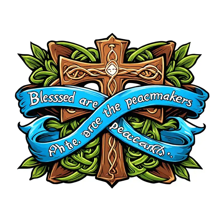 celtic Cross with ""Blessed are the peacemakers" written on blue flowing ribbon draped on cross tattoo design idea