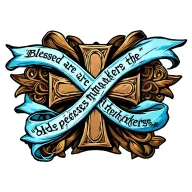 celtic Cross with ""Blessed are the peacemakers" written on blue flowing ribbon draped on cross tattoo design idea