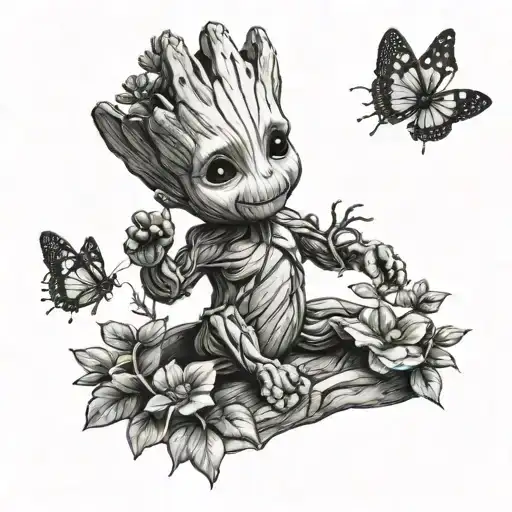 Baby Groot playing with butterflies surrounding tattoo design idea
