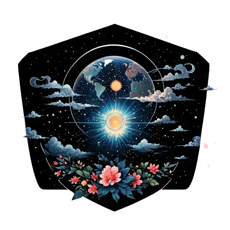 back tattoo with base as galactic mandala pattern with japanese style clouds and flowers showing the world tattoo design idea