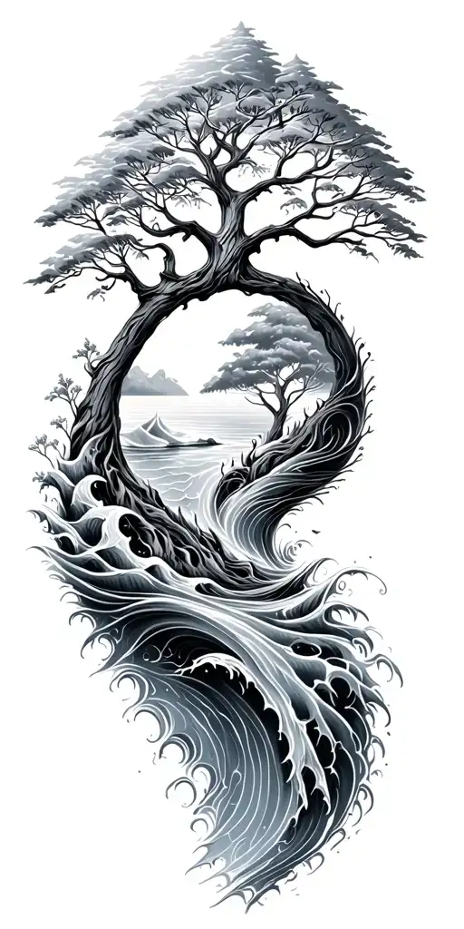 tree of life, earth and water waves tattoo design idea