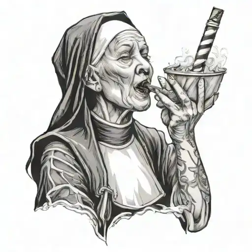 a sexy nun smoking a cigarette being consumed tattoo design idea