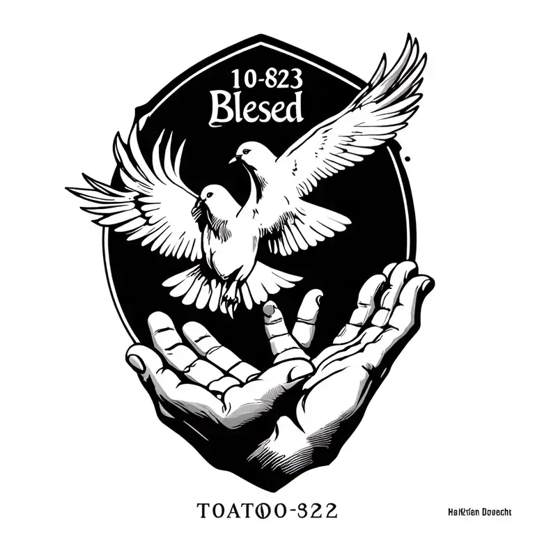 "10-08-23 Blessed " Open Praying Hands With A Dove Flying IN tattoo design idea
