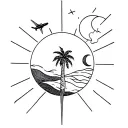 palm tree at the center using fine lines, sun on the right, crescent moon on the left,an airplane with a curve tattoo design idea