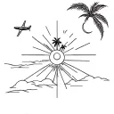 palm tree at the center using fine lines, sun on the right, crescent moon on the left,an airplane with a curve tattoo design idea