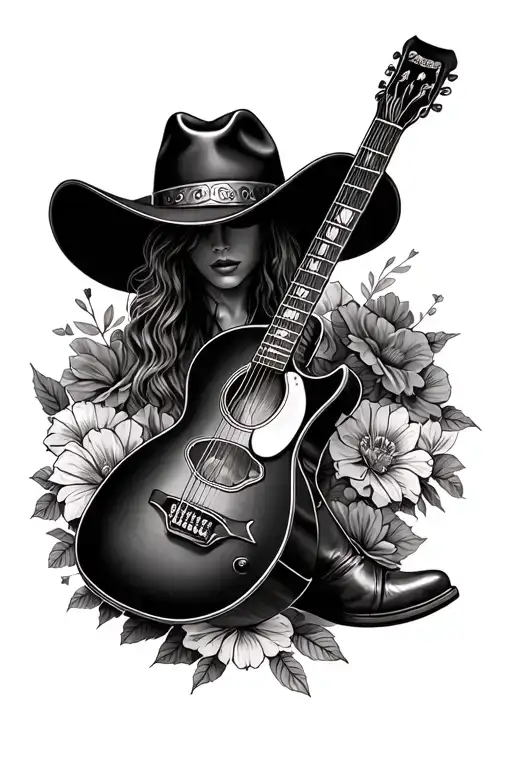 cowboy hat, boots guitar flowers tattoo design idea
